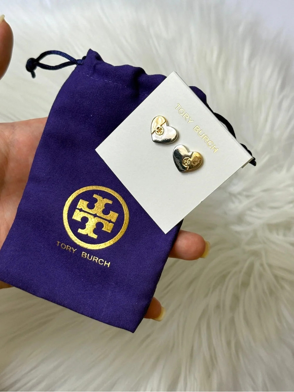 Tory Burch Gold and Silver Heart Stud Earrings New